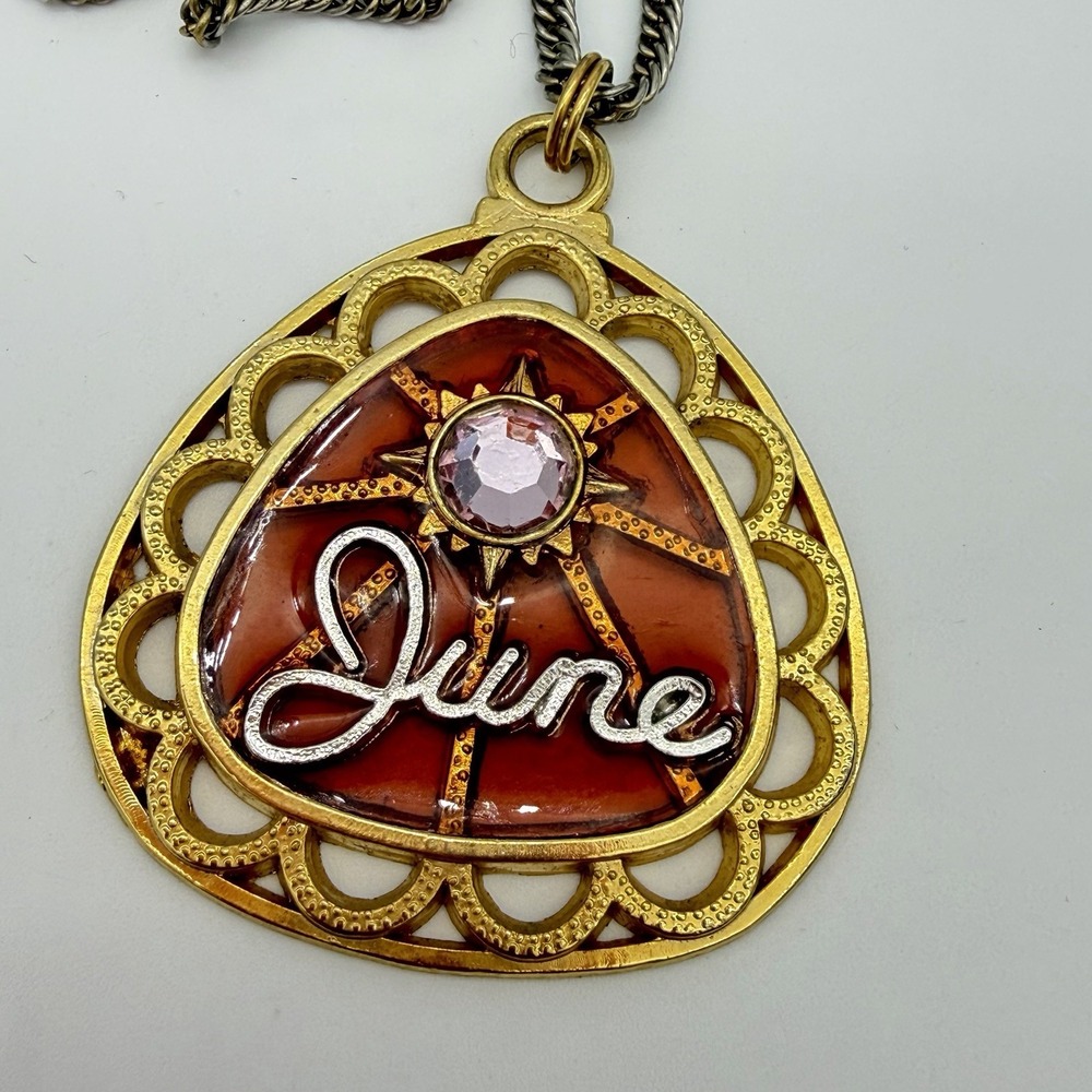 Vintage Signed June Birth month Necklace Gold Tone Retro Read